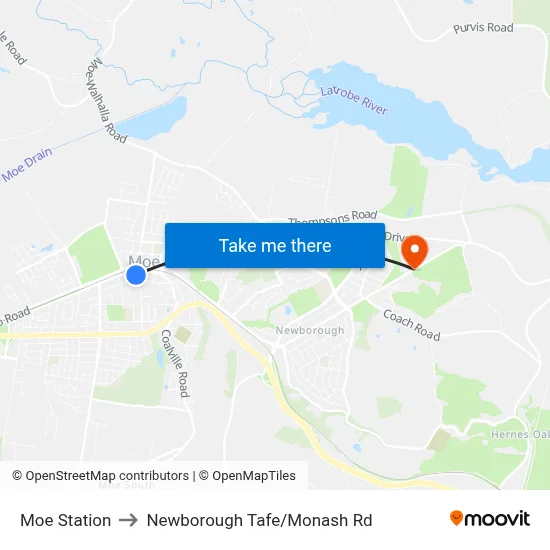 Moe Station to Newborough Tafe/Monash Rd map