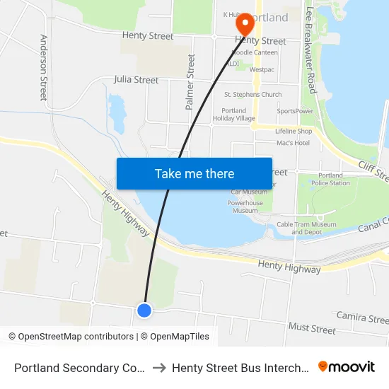 Portland Secondary College/Must St to Henty Street Bus Interchange / Henty St map