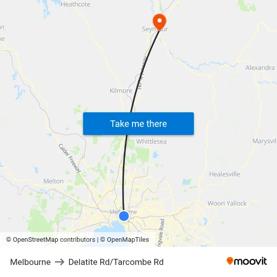 Melbourne to Delatite Rd/Tarcombe Rd map