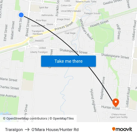 Traralgon to O'Mara House/Hunter Rd map