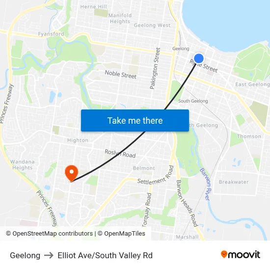 Geelong to Elliot Ave/South Valley Rd map