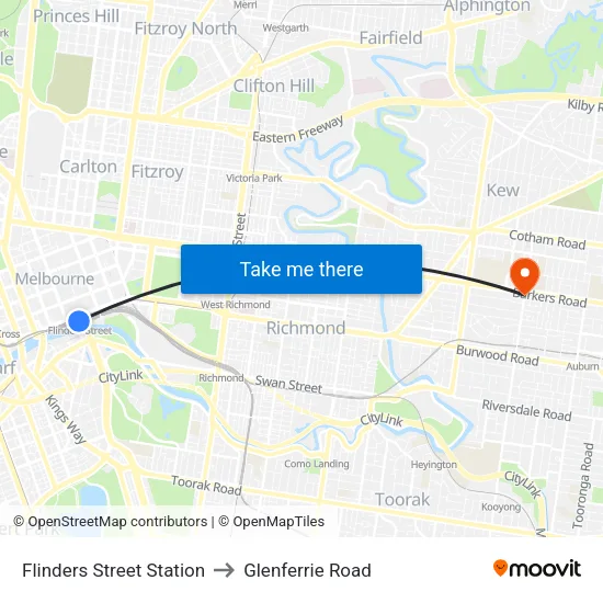Flinders Street Station to Glenferrie Road map