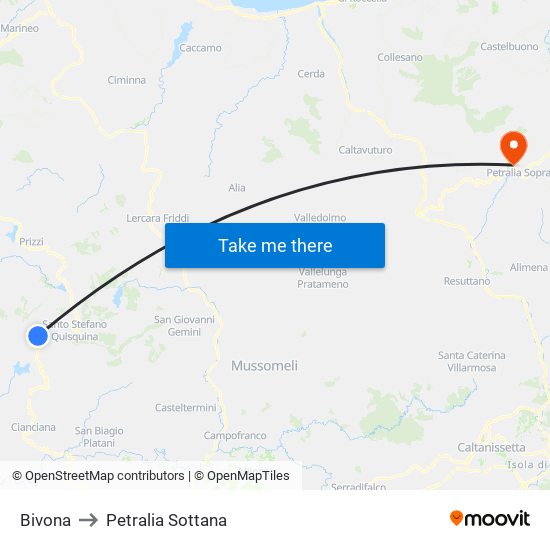 Bivona to Petralia Sottana map