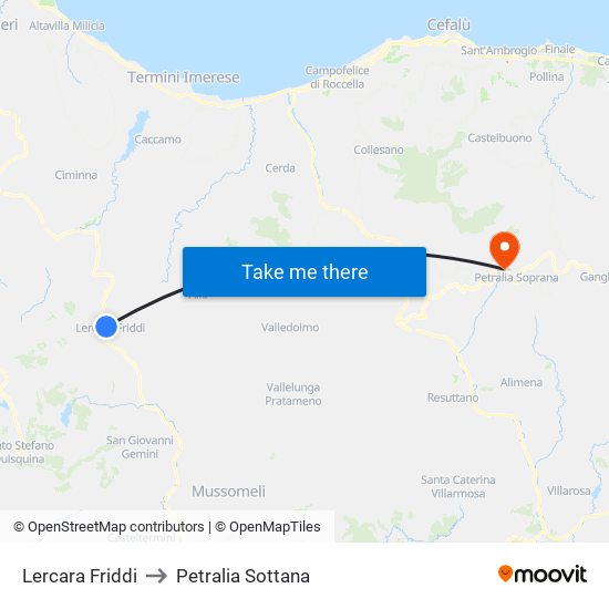 Lercara Friddi to Petralia Sottana map