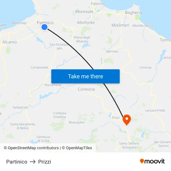 Partinico to Prizzi map