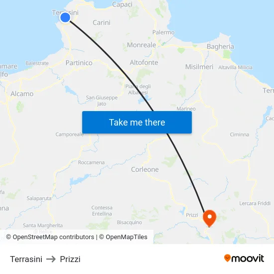 Terrasini to Prizzi map