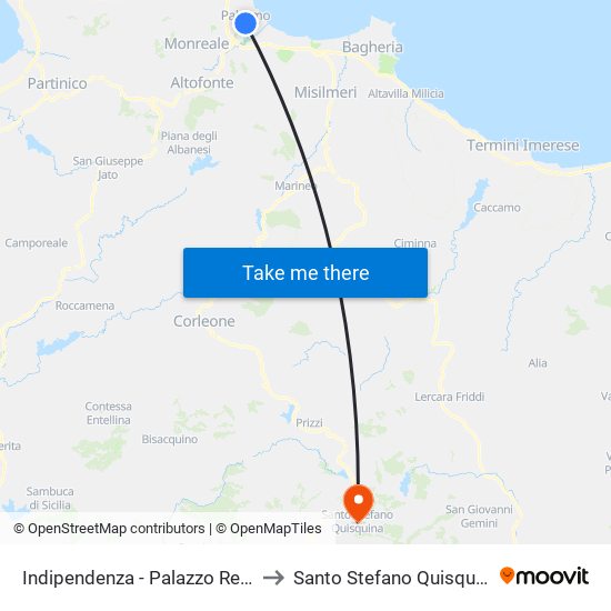 Indipendenza - Palazzo Reale to Santo Stefano Quisquina map