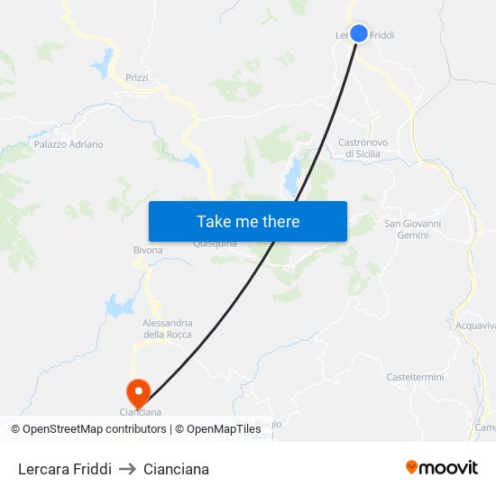 Lercara Friddi to Cianciana map