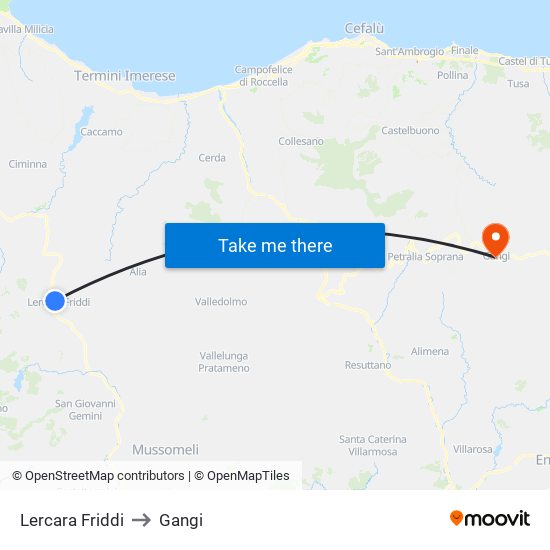Lercara Friddi to Gangi map