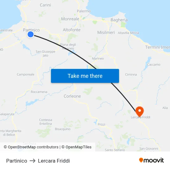 Partinico to Lercara Friddi map