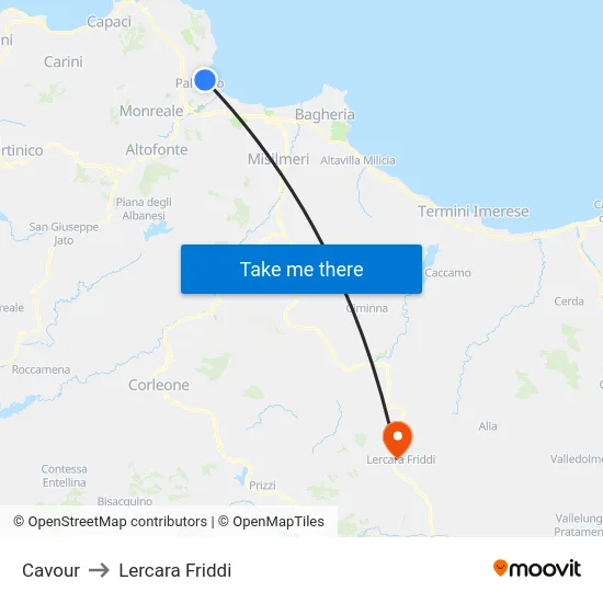 Cavour to Lercara Friddi map