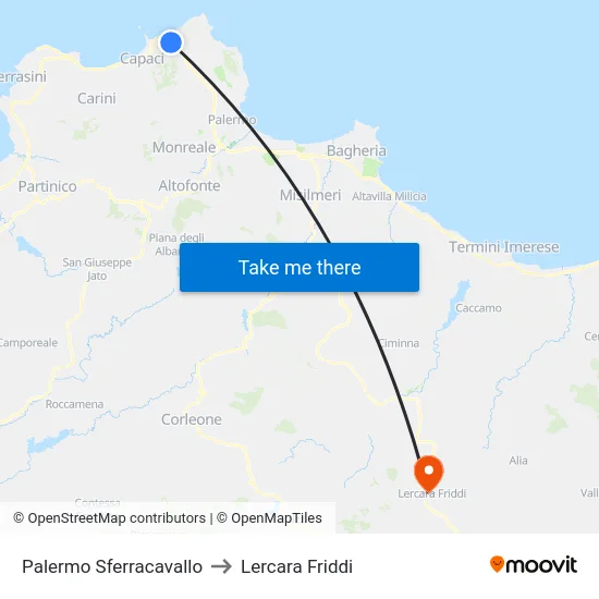 Palermo Sferracavallo to Lercara Friddi map