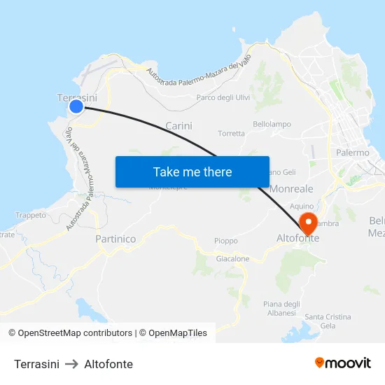 Terrasini to Altofonte map