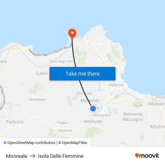 Monreale to Isola Delle Femmine map