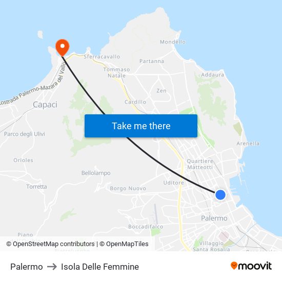 Palermo to Isola Delle Femmine map