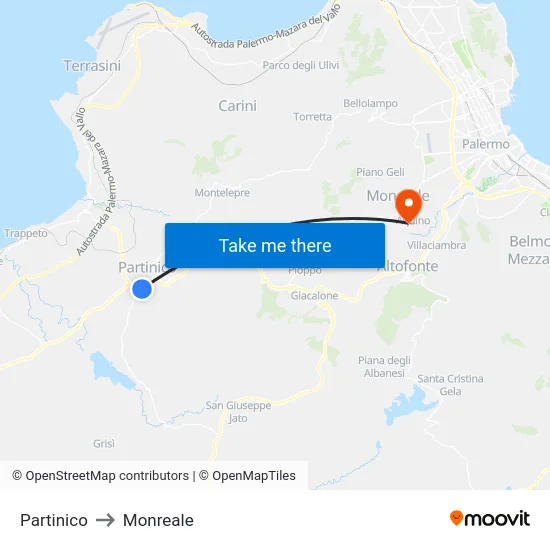 Partinico to Monreale map