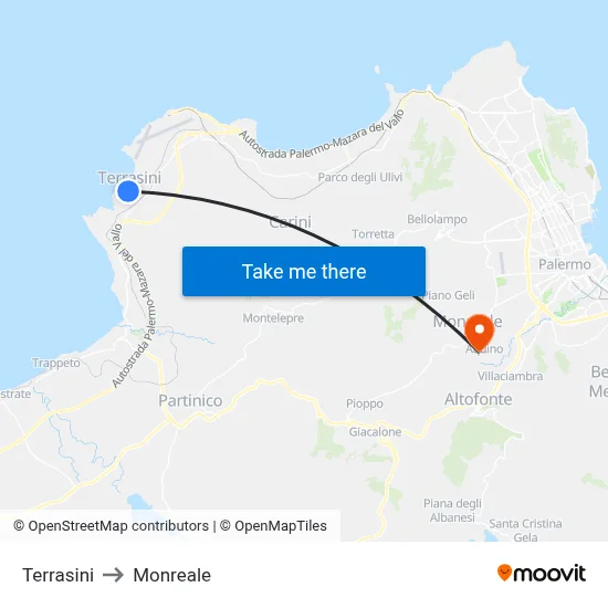 Terrasini to Monreale map
