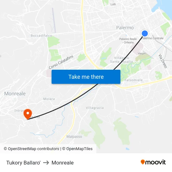 Tukory Ballaro' to Monreale map
