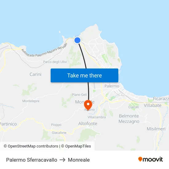 Palermo Sferracavallo to Monreale map