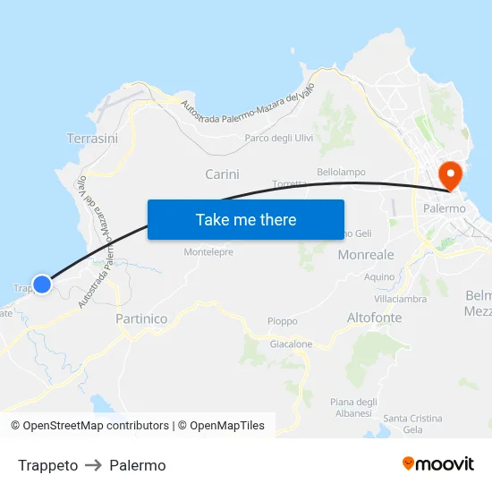 Trappeto to Palermo map