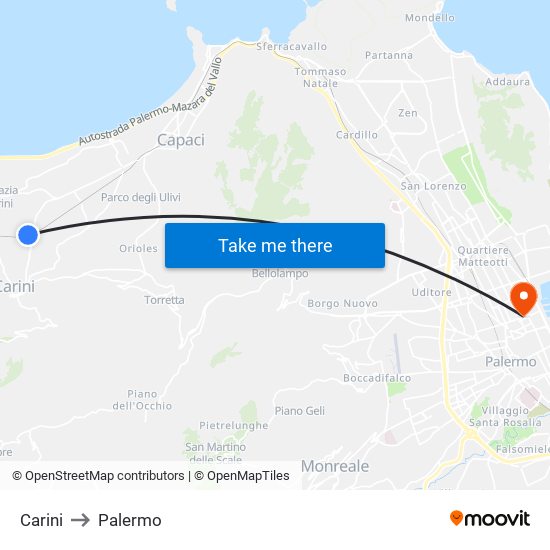 Carini to Palermo map