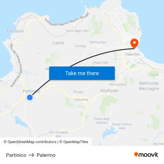 Partinico to Palermo map