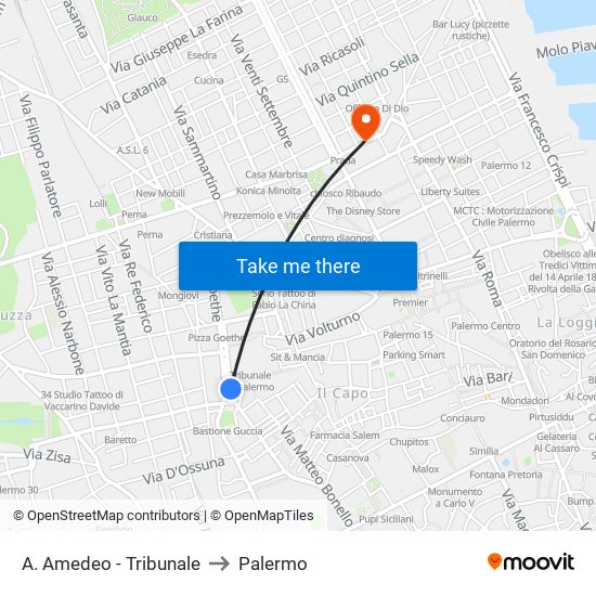 A. Amedeo - Tribunale to Palermo map