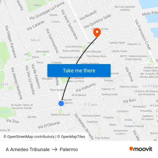 A Amedeo Tribunale to Palermo map