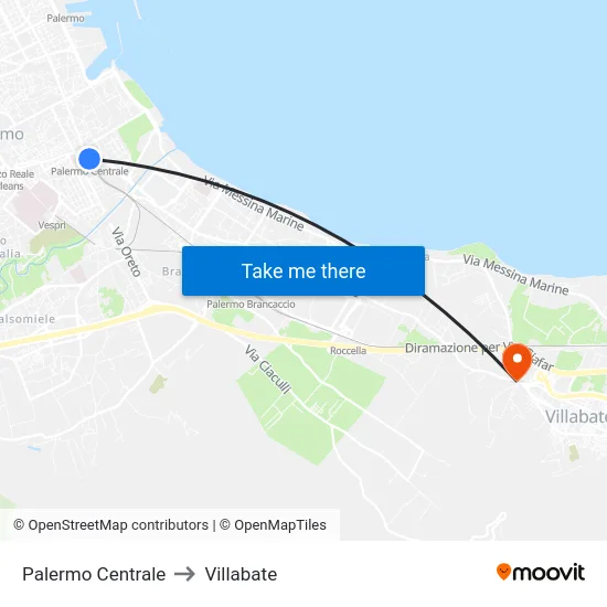 Palermo Centrale to Villabate map