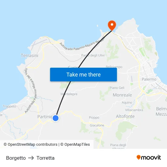 Borgetto to Torretta map