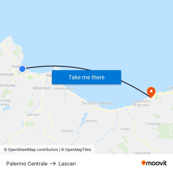 Palermo Centrale to Lascari map