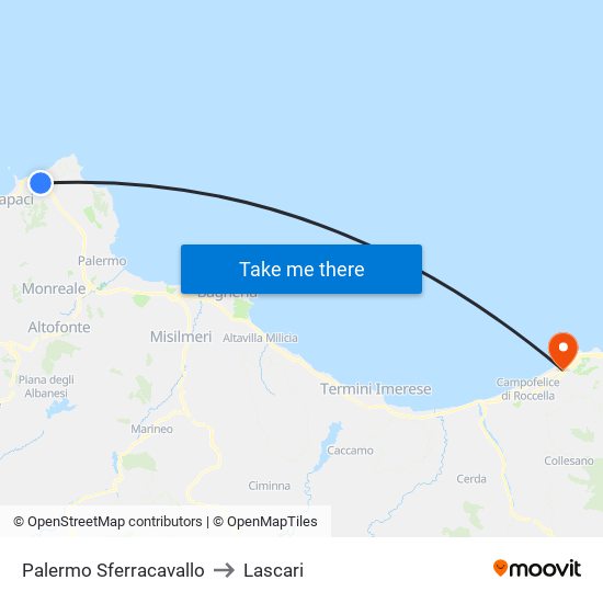 Palermo Sferracavallo to Lascari map