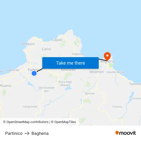 Partinico to Bagheria map