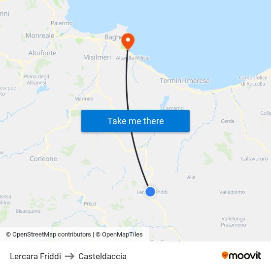 Lercara Friddi to Casteldaccia map
