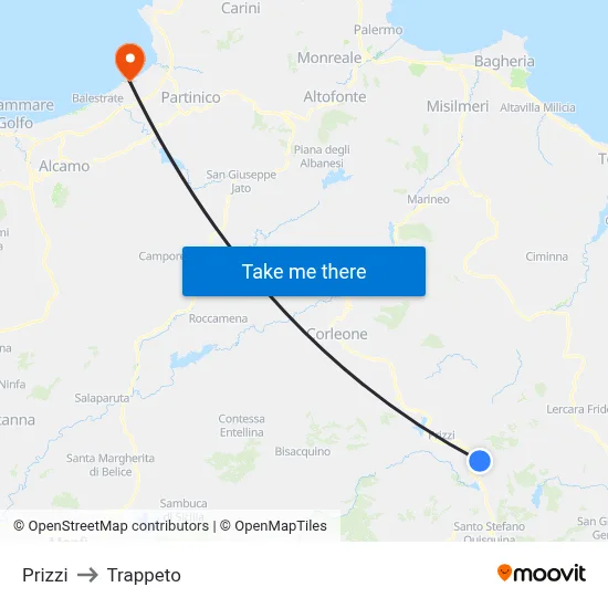 Prizzi to Trappeto map