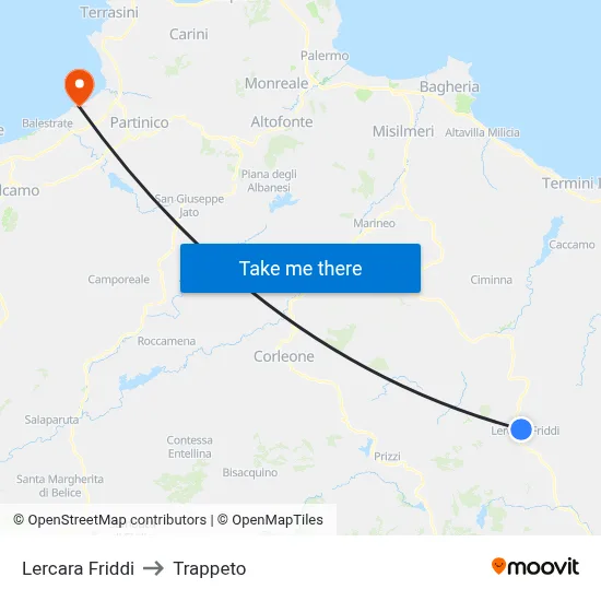 Lercara Friddi to Trappeto map
