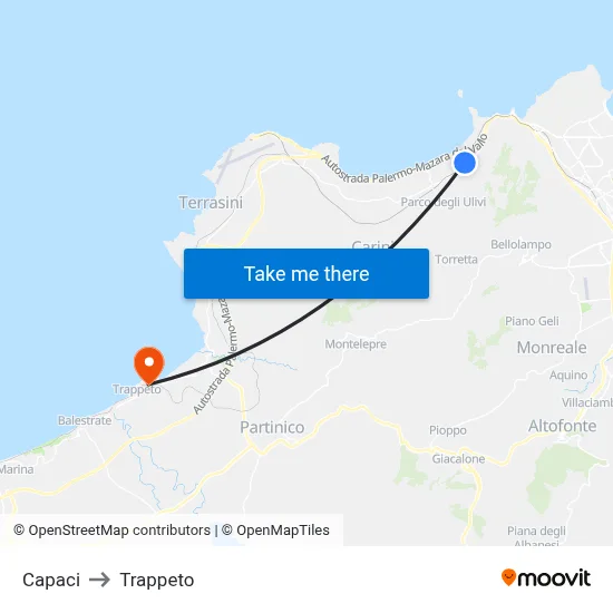 Capaci to Trappeto map