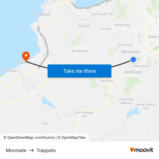 Monreale to Trappeto map