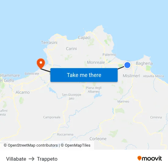 Villabate to Trappeto map