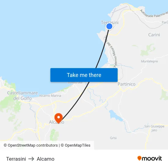 Terrasini to Alcamo map