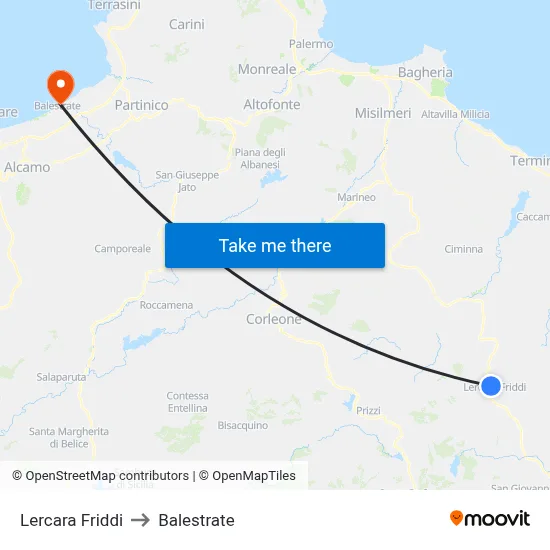 Lercara Friddi to Balestrate map