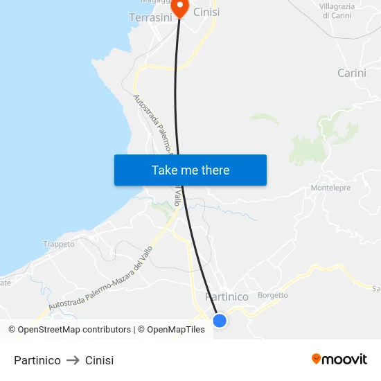 Partinico to Cinisi map