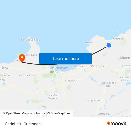 Carini to Custonaci map