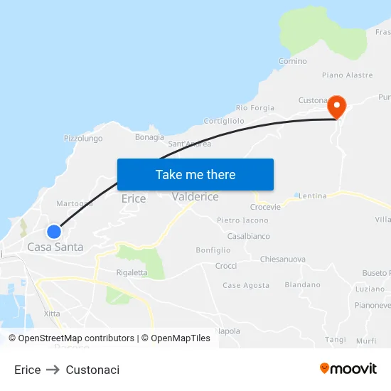 Erice to Custonaci map