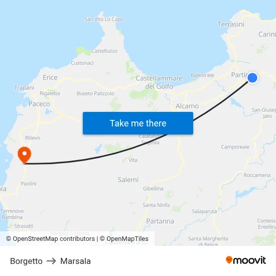 Borgetto to Marsala map