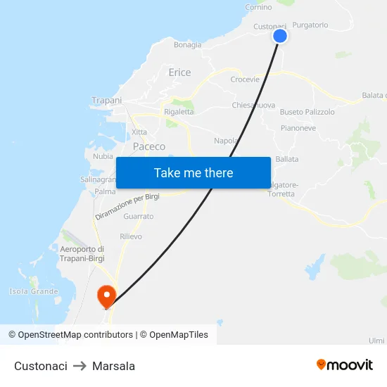Custonaci to Marsala map