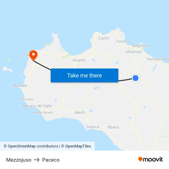 Mezzojuso to Paceco map