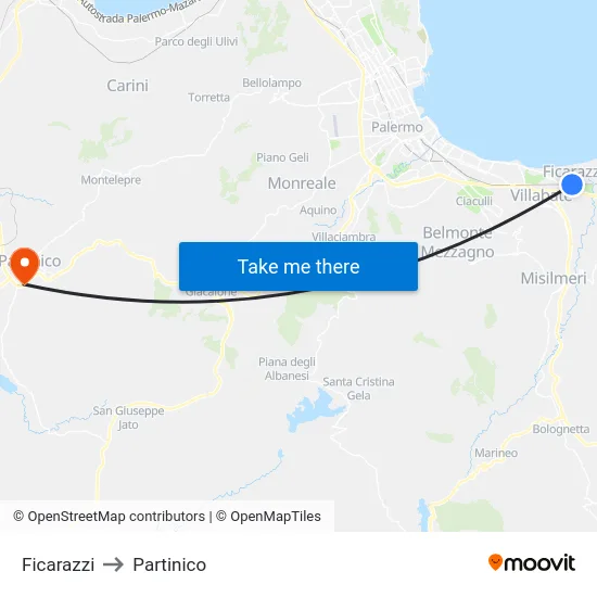Ficarazzi to Partinico map