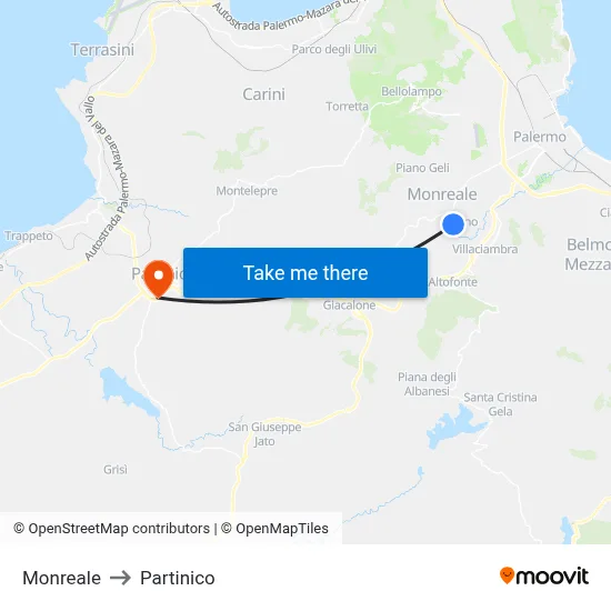 Monreale to Partinico map