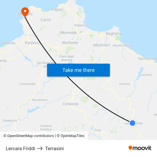 Lercara Friddi to Terrasini map